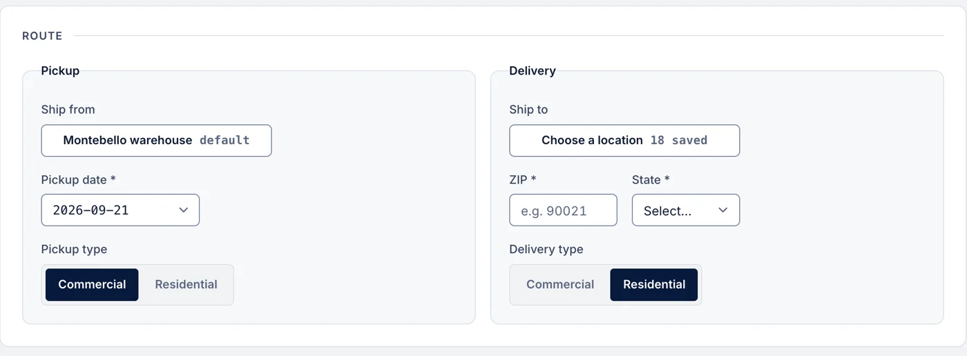 The quote form in the ShipEasy portal, showing the pickup and delivery addresses, the pickup date and the commercial or residential choice.