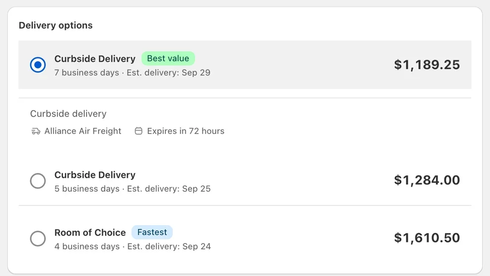 Freight delivery options priced inside a Shopify order: curbside delivery at $1,189.25 marked best value, curbside at $1,284, and room of choice at $1,610.50.